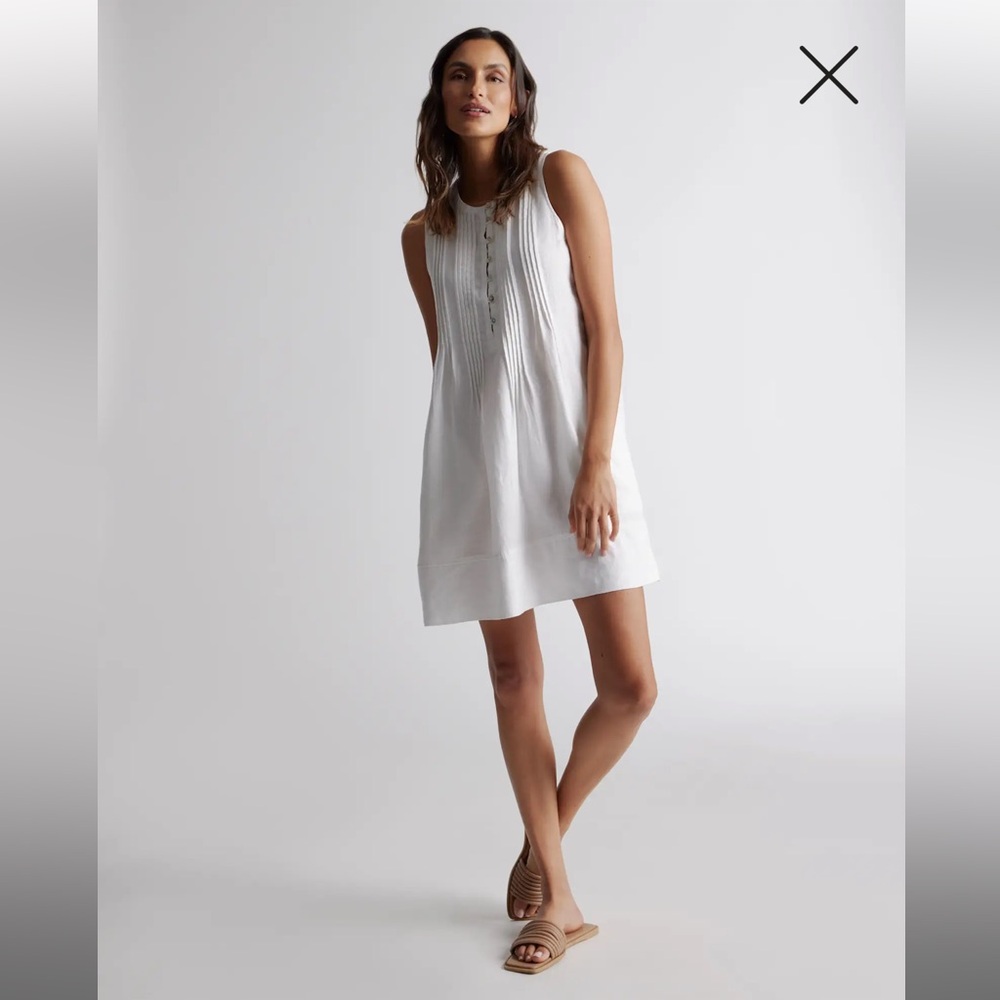 Quince White Sleeveless Pintuck Button Front Linen Shift Dress